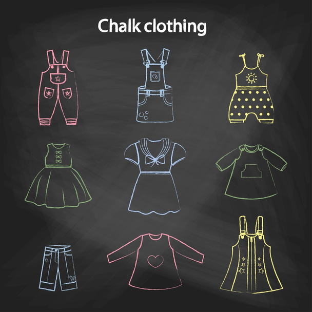 CHALK style icons. Set of cute dresses for the little girl. Collection of clothing in a linear style for the child. Vector outline illustration. Vector outline  illustration set for your design - Vektör, Görsel