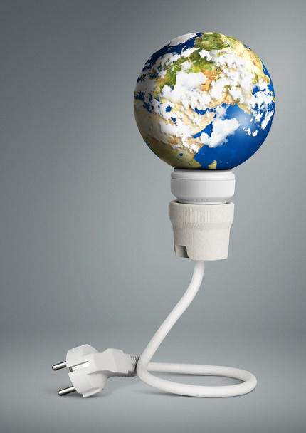 clean energy concept, light bulb with planet Earth and plug - Fotografie, Obrázek
