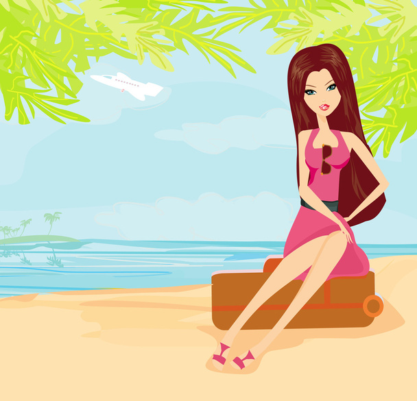 Beauty travel girl with baggage - Vector, Image