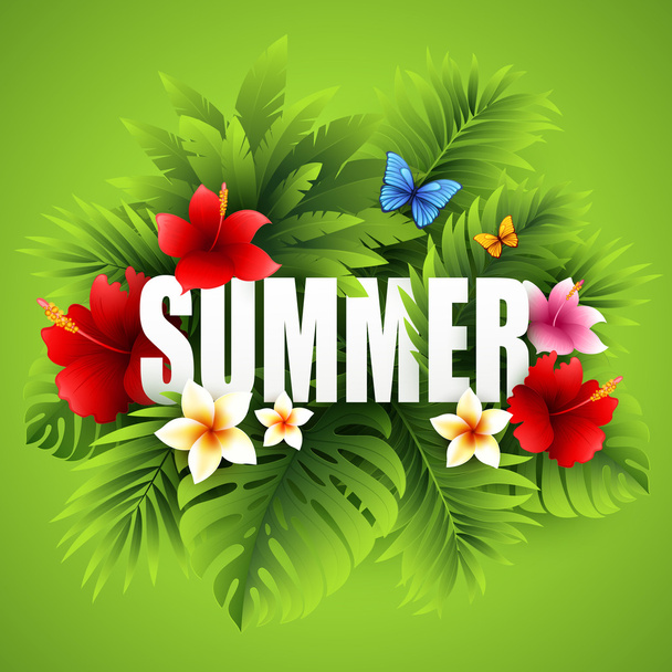 Summer tropical background of palm leaves and tropical flowers. Tropical palm leaves. Tropical summer design. Background for summer design. Summer background of palm leaves and flowers - Vector, afbeelding