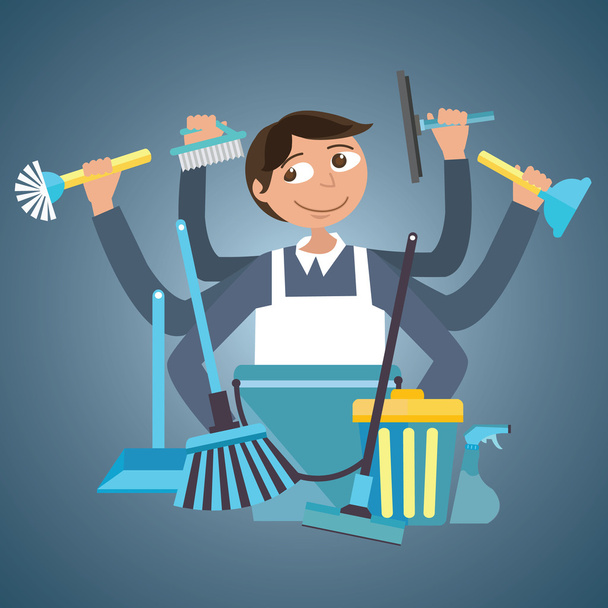 homem macho serviço de limpeza casa escritório ferramentas mais limpas limpar lixo recipiente zelador escova spray
 - Vetor, Imagem