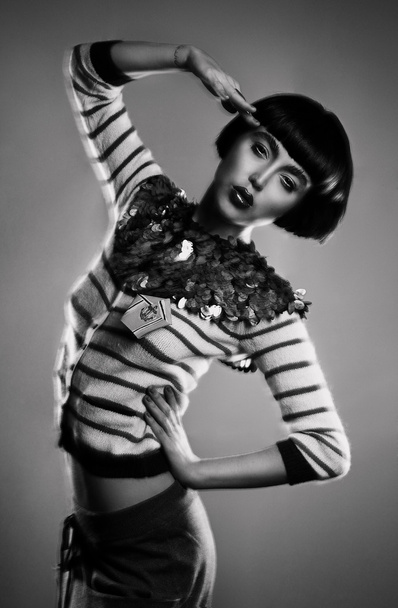 Fashion young brunette model photo editorial, model posing, mixed lightning, long shutter speed - Valokuva, kuva