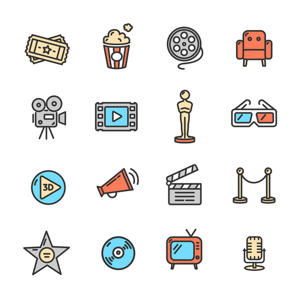 Conjunto de iconos de esquema colorido de cine. Vector
 - Vector, Imagen