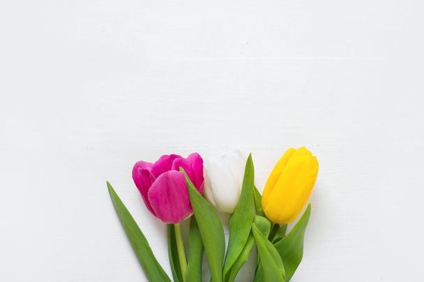 Тюльпани на білому тлі дерев'яні, вид зверху - Фото, зображення