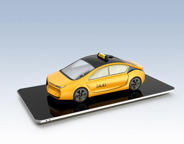 Κίτρινο ηλεκτρικά ταξί στο smart phone. Έννοια για ΤΑΞΙ εξυπηρέτηση παραγγελίας. - Φωτογραφία, εικόνα