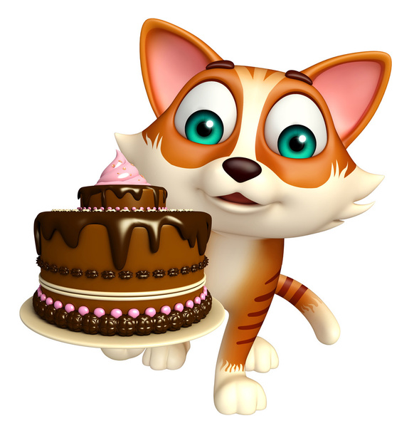 fun cat cartoon character with cake  - Photo, Image