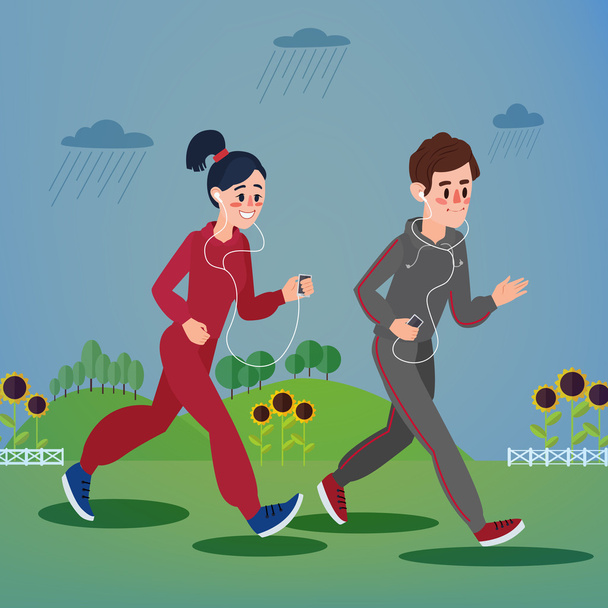 Man and Woman with Headphones Running in the Hills and Sunflowers under Rain - Vector, Image