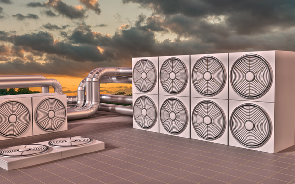 Unités CVC (chauffage, ventilation, climatisation) sur le toit au coucher du soleil. Illustration 3D
. - Photo, image