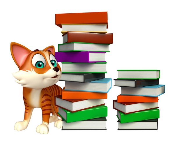 carino gatto cartone animato personaggio libro stack
   - Foto, immagini