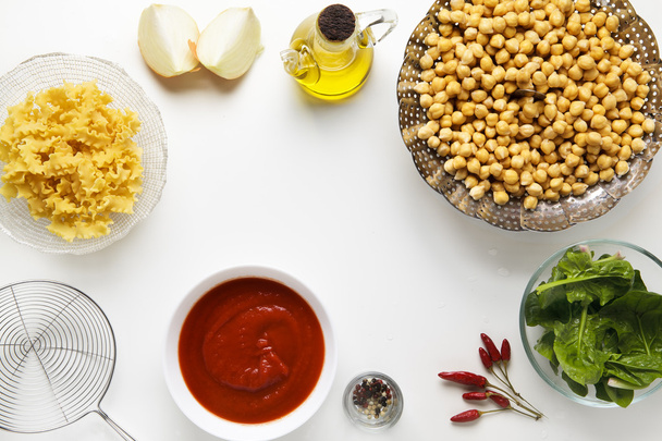 Ingredients for Cooking Vegetarian Pasta: tomato sauce, spinach, - Fotoğraf, Görsel