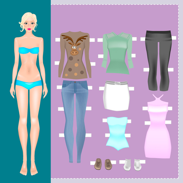 Fashionable Paper Doll and clothes for her . Body templates. Dress up paper doll. Vector - Vector, Image