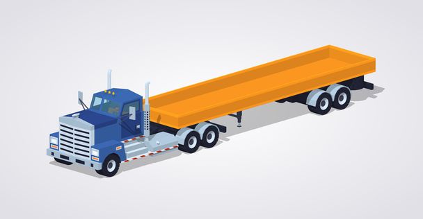 Alacsony poly kék nehéz teherautó- és pótkocsi a sárga nyílt platform - Vektor, kép