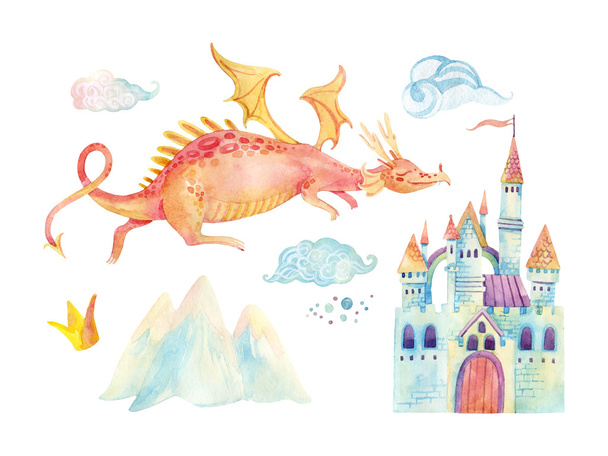 Aquarel sprookje collectie met leuke dragon, magische kasteel, bergen en fairy wolken - Foto, afbeelding