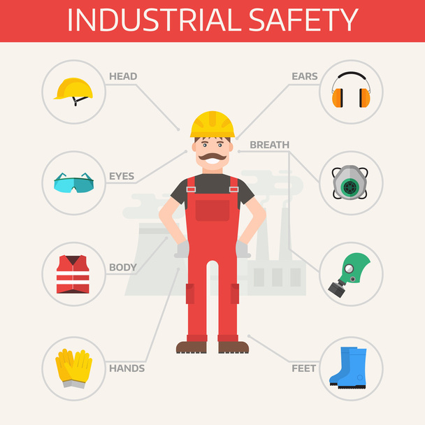 Safety industrial gear kit and tools set flat vector illustration. Body protection worker equipment elements infographic. - Vector, Image