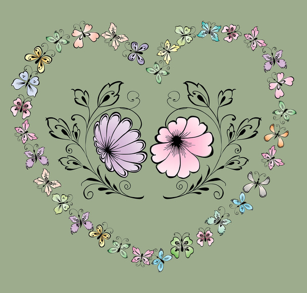 διακοσμητικά λουλούδια και πεταλούδες - Διάνυσμα, εικόνα