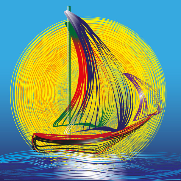 Εικόνα του πλοίου, με πανιά για τους μπλε κύματα και ήλιο - Διάνυσμα, εικόνα