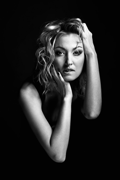 Blond sensual romantic  woman portrait, posing hands, black white photo - Fotografie, Obrázek