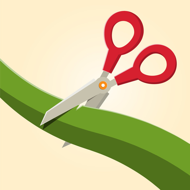 Red Scissors Cutting Green Ribbon - Vector, Image