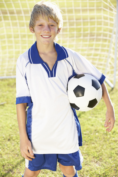 Boy In Soccer Kit Standing By Goal - Zdjęcie, obraz