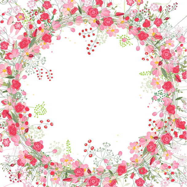 Square frame with contour roses and herbs on white. Floral pattern for your wedding design, floral greeting cards, posters. - Vetor, Imagem