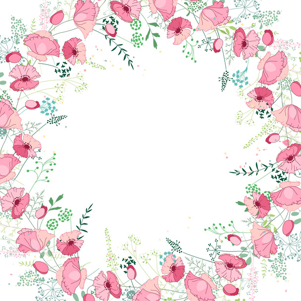 Floral abstract square template with stylized herbs and pink poppies.  Silhouette of plants. - Διάνυσμα, εικόνα
