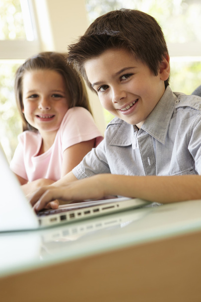 Boy And Girl Using Laptop - 写真・画像