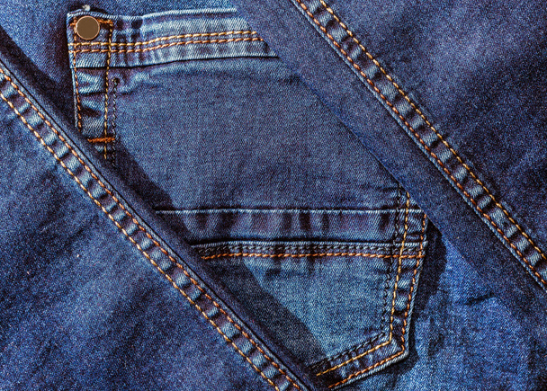 青いジーンズのテクスチャと縫い目 - 写真・画像