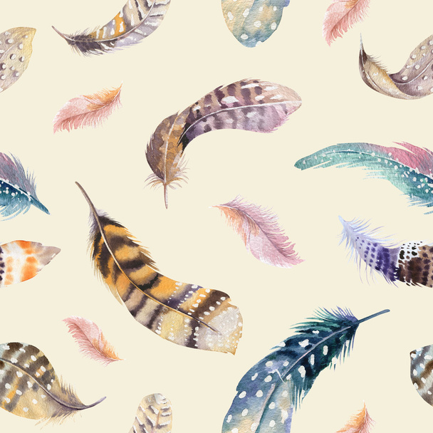 Feathers repeating pattern. Watercolor background with seamless  - Foto, Bild