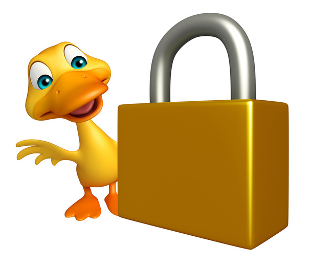 fun Duck cartoon character with lock - Photo, Image