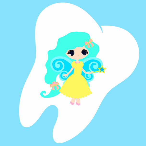  Cute cartoon tooth smiling, Princess Card little happy Tooth Fairy, white on a blue background, teeth vector icon illustration, first tooth logo - Vector, Image