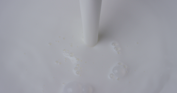 Super slow motion macro of milk drops pouring in the bowl (close up) 4k - Felvétel, videó