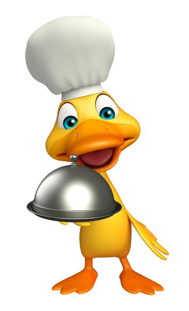 Pato personagem de desenho animado com chapéu de chef e cloche
 - Foto, Imagem