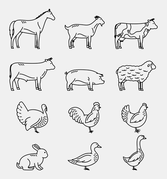 Vector Thin Line Farm Animals Icons Collection - Vector, Image