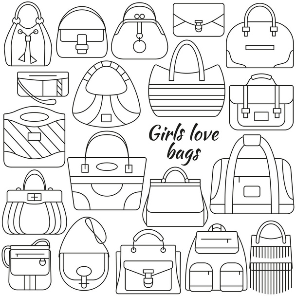 Set of line icon. Different women bags and place for your text. Contour icons. Info graphic elements. Simple design. Vector illustration, eps 10. - Vector, Image