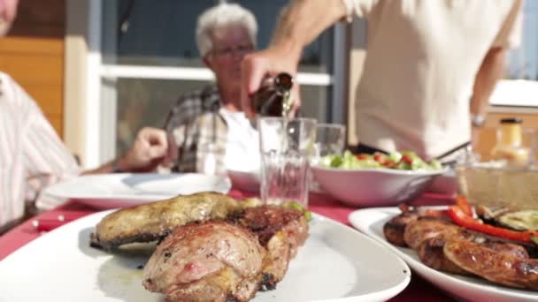 seniors at barbecue table with beer - Video