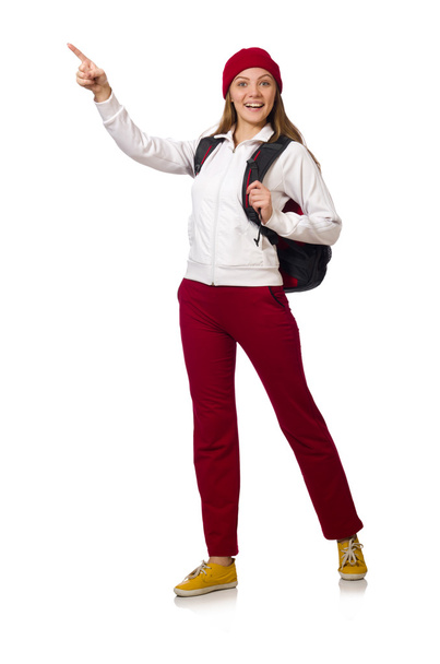 Komik öğrenci üzerinde beyaz izole sırt çantası ile - Fotoğraf, Görsel