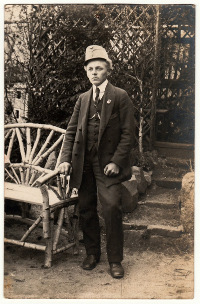 Vintage photo shows man outdoors. Black & white studio portrait. - Photo, Image