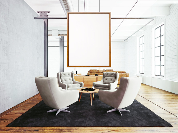 Photo of meeting room interior in modern loft building. Empty white canvas hanging on the wood frame. Wood floor, table, furniture,concrete wall,big windows. Horizontal, blank mockup. 3d rendering - Valokuva, kuva