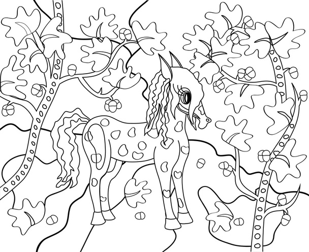 gölet yakınındaki sonbahar meşe ormanında colt pony boyama - Vektör, Görsel