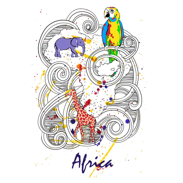 África ilustración abstracta con elefante, jirafa y loro sobre un fondo acuarela. Vector
. - Vector, imagen