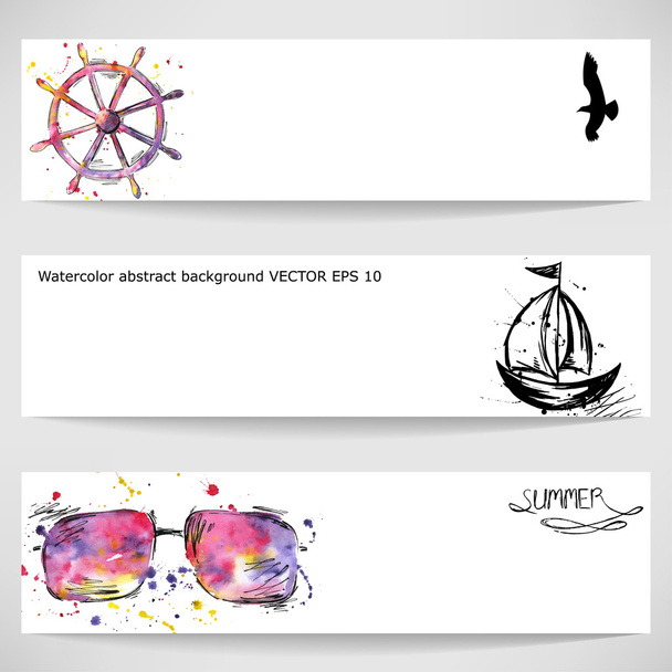Watercolor background with a steering wheel, sunglasses, a bird and ship. Summer. Vector. - Вектор,изображение