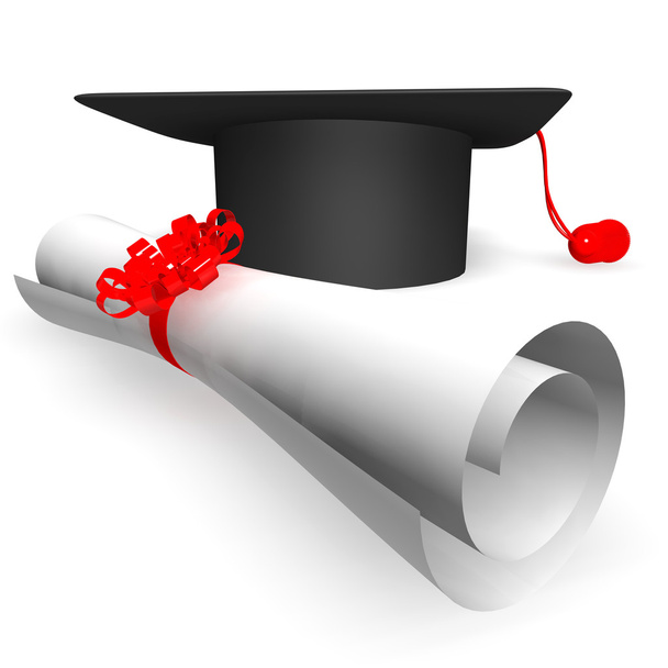 Graduation cap and scroll on white backg - Фото, зображення