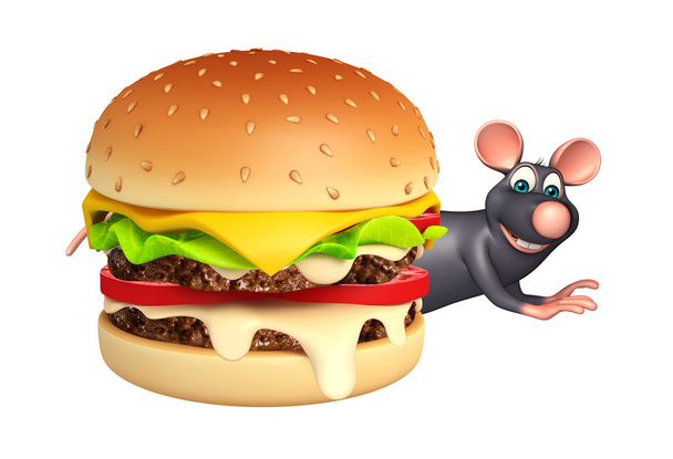 roztomilá krysa kreslená postava s burger  - Fotografie, Obrázek