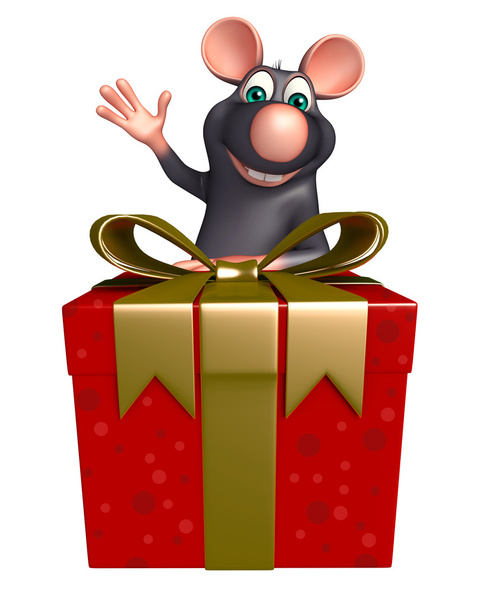 schattig Rat stripfiguur met geschenkdoos  - Foto, afbeelding