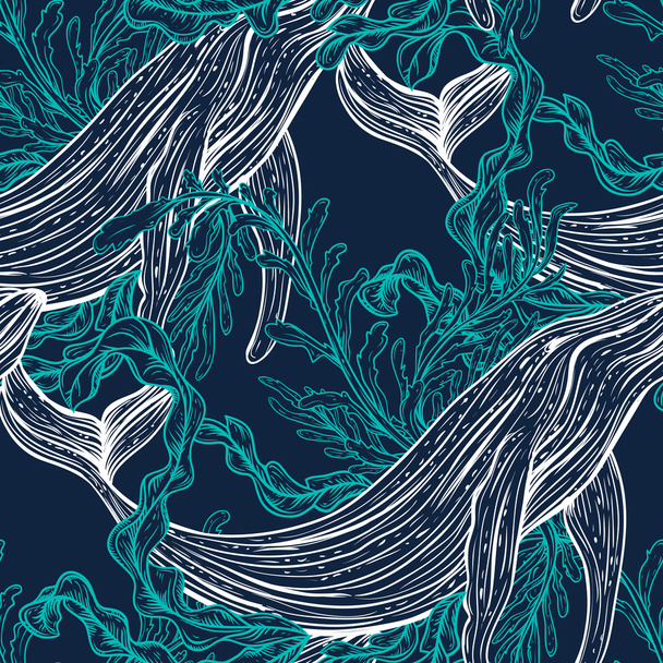 Seamless pattern with whale, marine plants and seaweeds.Vintage set of black and white hand drawn marine life.Isolated vector illustration in line art style.Design for summer beach, decorations. - Vektör, Görsel