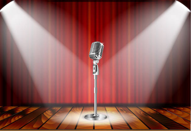 Microphone and red curtain - Vector, Image