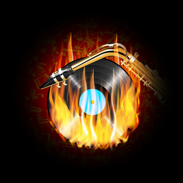 vinyl record on fire and saxophone - Vector, imagen