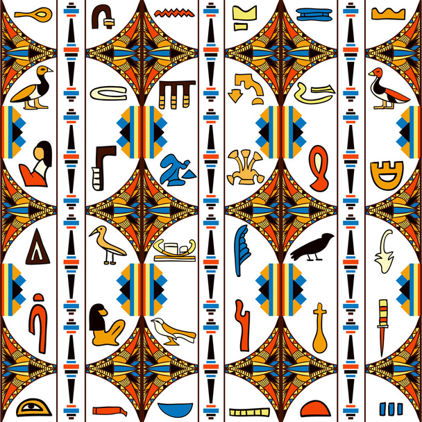 古代エジプトの象形文字と幾何学的な装飾品を持つエジプトのカラフルな装飾。ベクトルシームレスパターン。手描きベクトルイラスト - ベクター画像