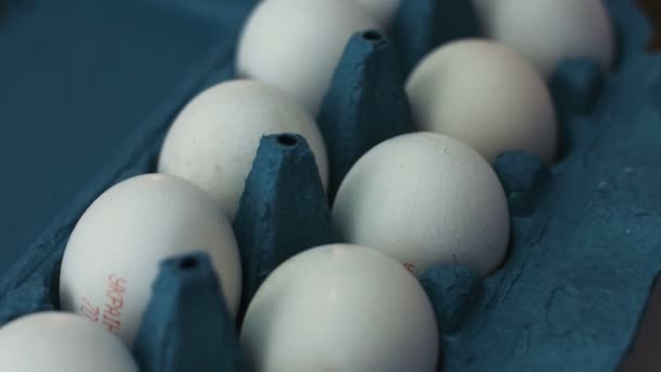 Tusina valkoisia munia makaa sinisessä pahvilaatikossa ja pyörii ympäri
 - Materiaali, video