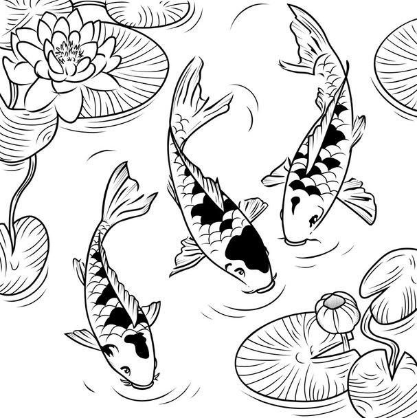Koi-fish and water-lilys - Vector, Image